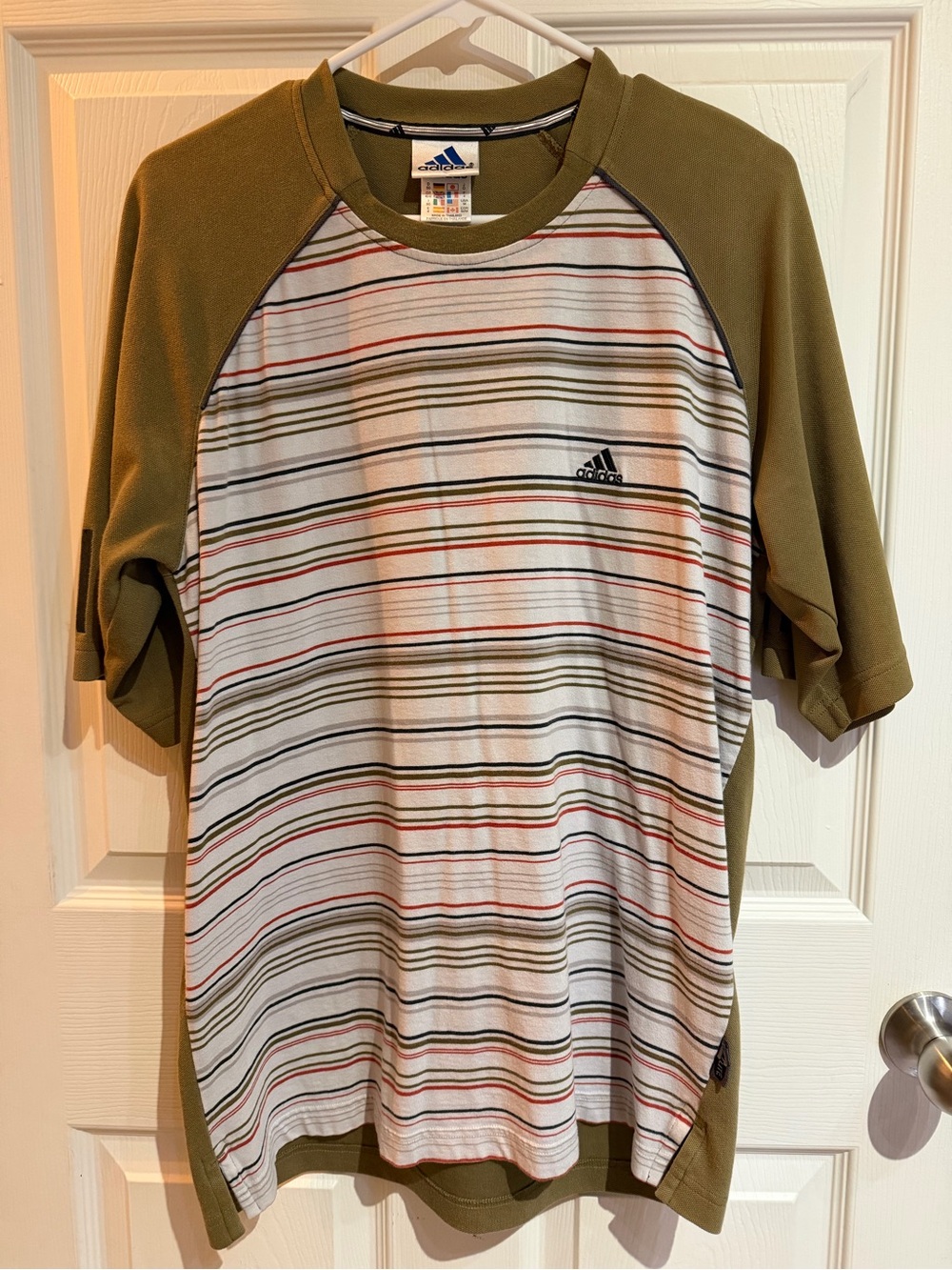 Late 90s adidas Olive Green & White Striped Short-Sleeve Athletic Tee
